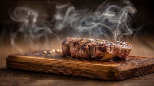 Sizzling grilled beef steak on a rustic wooden board with rising steam and dark background