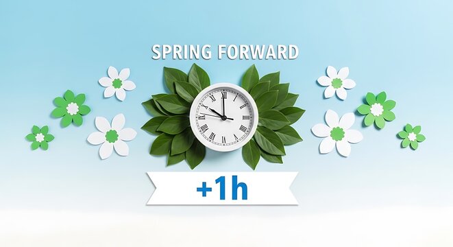 Spring forward daylight saving concept with clock and flowers