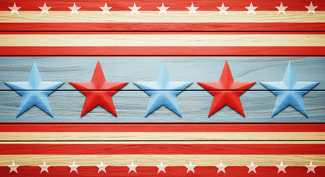 Red blue and white striped background with wood grain texture and red and blue stars