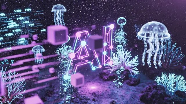 Isometric ai logo glowing in deep sea underwater environment with jellyfish and digital cubes