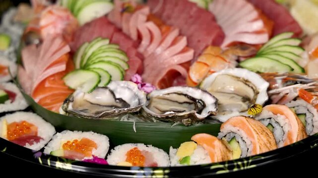 Gourmet sushi and sashimi platter featuring fresh salmon tuna oysters and shrimp on rotating plate.