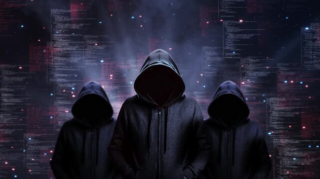Dark scene with hooded anonymous figures digital code background representing hacking, cyber crime data breach threats. Perfect for cybersecurity awareness, IT risk visuals or online danger concepts.