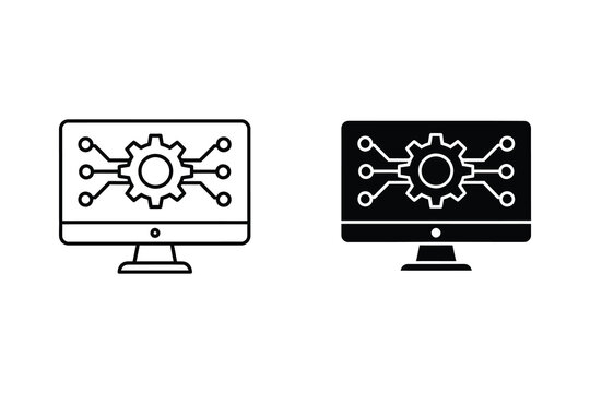 Computer monitor displaying digital circuit board with gear mechanism, technology concept, flat design vector illustration