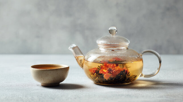 Glass teapot with loose leaf tea and a small cup on a gray surface still life tea time