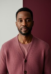 Obraz premium Handsome Man in Pink Knit Cardigan Looking at Camera with a Calm Expressions for Lifestyle Apparel Marketing and Mens Fashion Studio Vertical Portrait