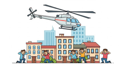 Fototapeta premium Helicopter Flying Over City Buildings With People Below.