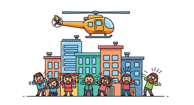 Helicopter Flying Over City Buildings Scaring People.