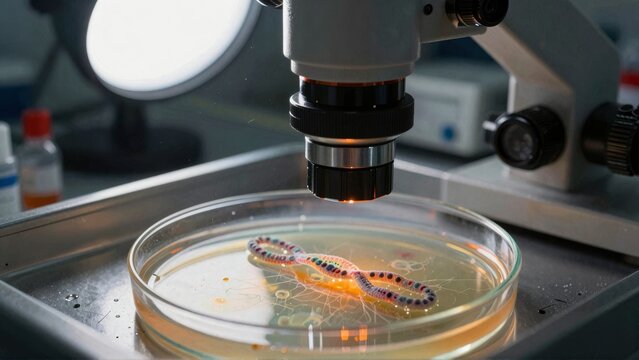 Microscope focused on bacteria sample in petri dish