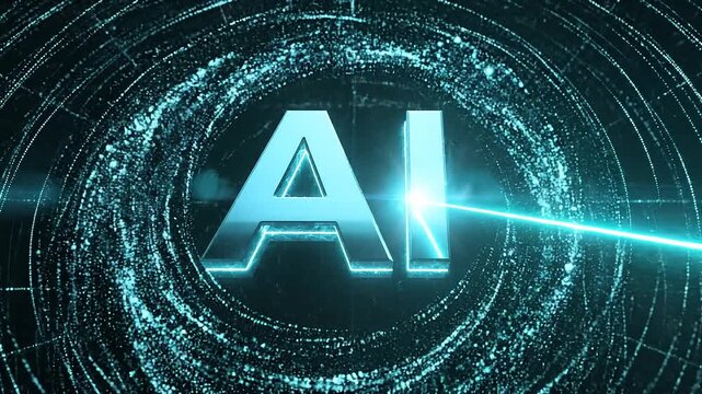 Top down view of glowing teal ai logo with rotating digital particle rings and scanning laser light