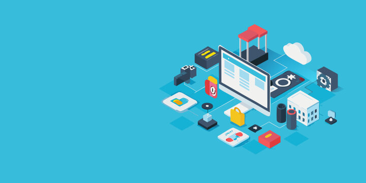 Isometric illustration showcasing smart technology and interconnected digital devices