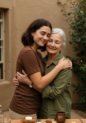 Fototapeta premium Young Adult Daughter Hugging Her Senior Mother with Eyes Closed and Joyful Expressions for a Mothers Day Family Wellness Campaign Scene Background