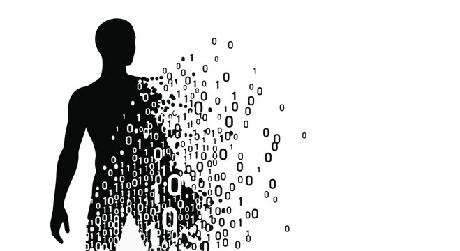 Silhouette of a person dissolving into digital data and binary code, representing transformation and technology.