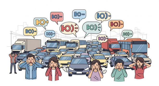 Frustrated drivers stuck in a massive traffic jam with honking horns and angry expressions.