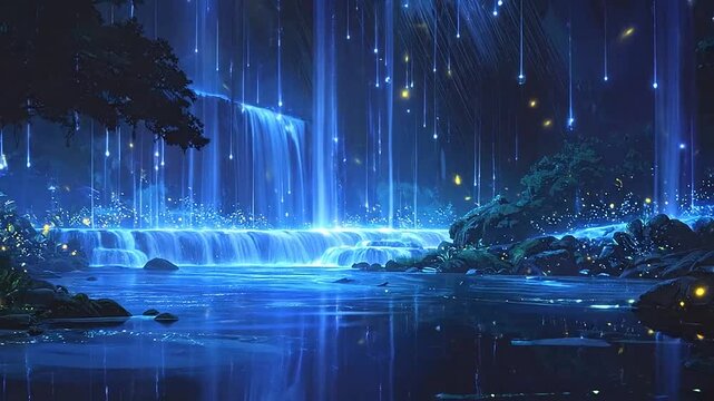 A beautiful, glowing waterfall cascades into a tranquil pool of water in a serene forest setting