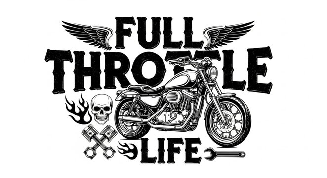 Full Throttle Life Motorcycle Skull Wings and Flames Graphic.