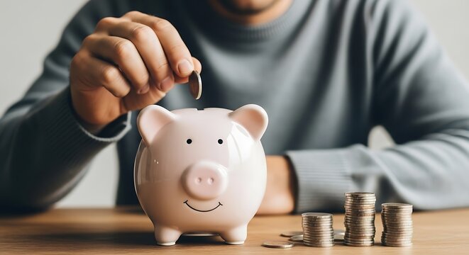 Man putting coin into pink piggy bank with stacks of coins on wooden table saving money