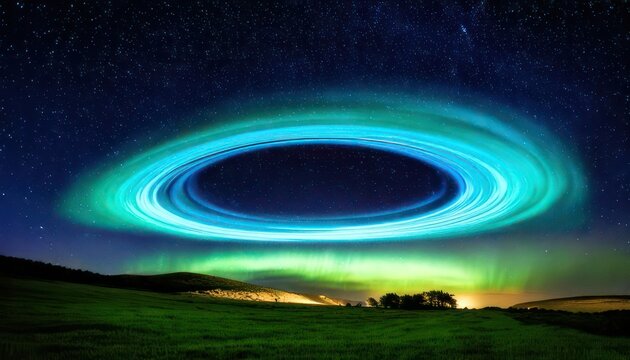 Mystical Night - A Circular Aurora Borealis Over Rolling Green Hills.