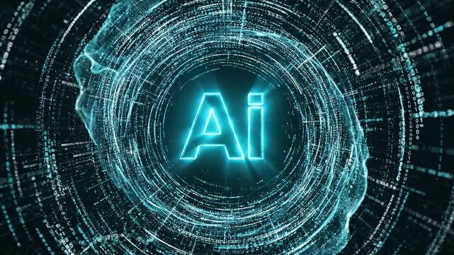 Top down view of a glowing teal ai logo surrounded by rotating digital data particle rings