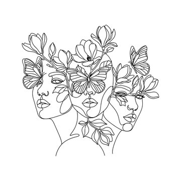 abstract line art faces with butterflies and flowers symbolizing growth and transformation