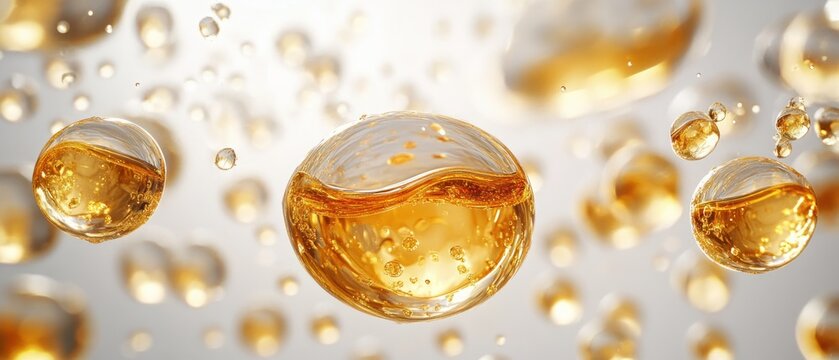 golden amber liquid spheres and droplets suspended in translucent medium, glossy reflective bubbles conveying warm serene buoyancy and elegant shimmer