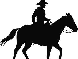 Naklejka premium Cowboy riding horse silhouette, western ranch lifestyle isolated vector illustration black and white design