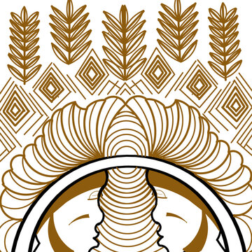 Illustration of an ethnic wallpaper featuring a two-faced motif with a mohawk and rice leaves