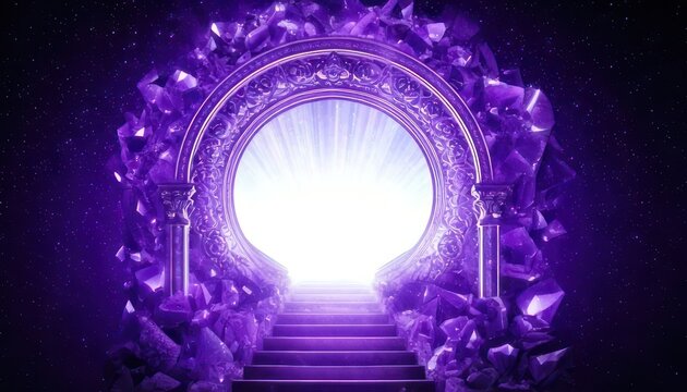 Mystical Portal with Purple Crystals and Bright Light, Fantasy Gateway.