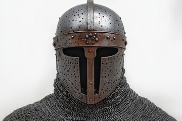 Obraz premium Battle-worn medieval steel helmet with visor and chainmail collar, pitted and dented, conveying a stoic and imposing presence