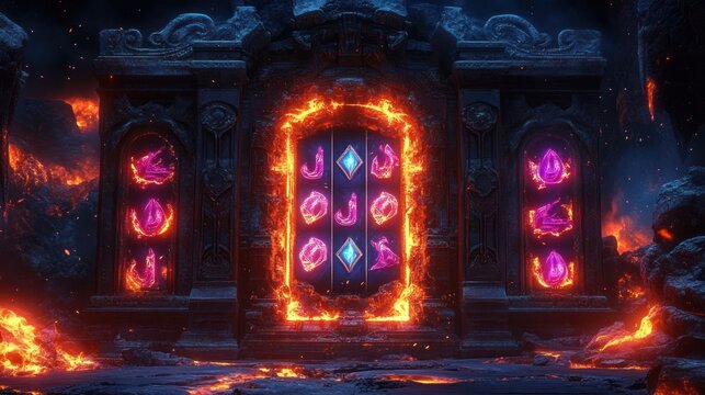 ancient stone gateway framed by roaring flames, glowing purple and blue sigils and panels, surrounded by molten lava and jagged volcanic rock, evoking a mysterious ominous energy