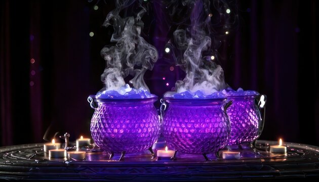 Mystical Purple Cauldrons with Steaming Brew and Candlelight.