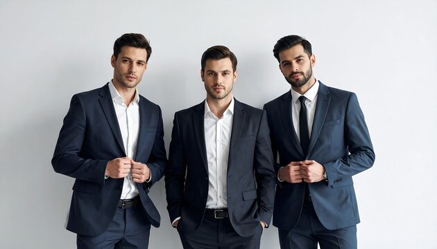 Three men in suits pose, looking at camera, against white background