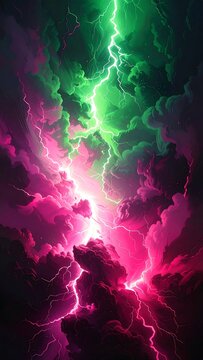 A vibrant lightning storm with pink and green electric discharges