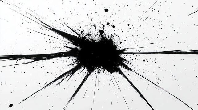 explosive black ink splatter with dense central blot, long radial streaks and scattered droplets conveying chaotic dynamic energy