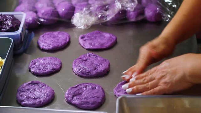 Ube cheese pandesal being prepared for baking