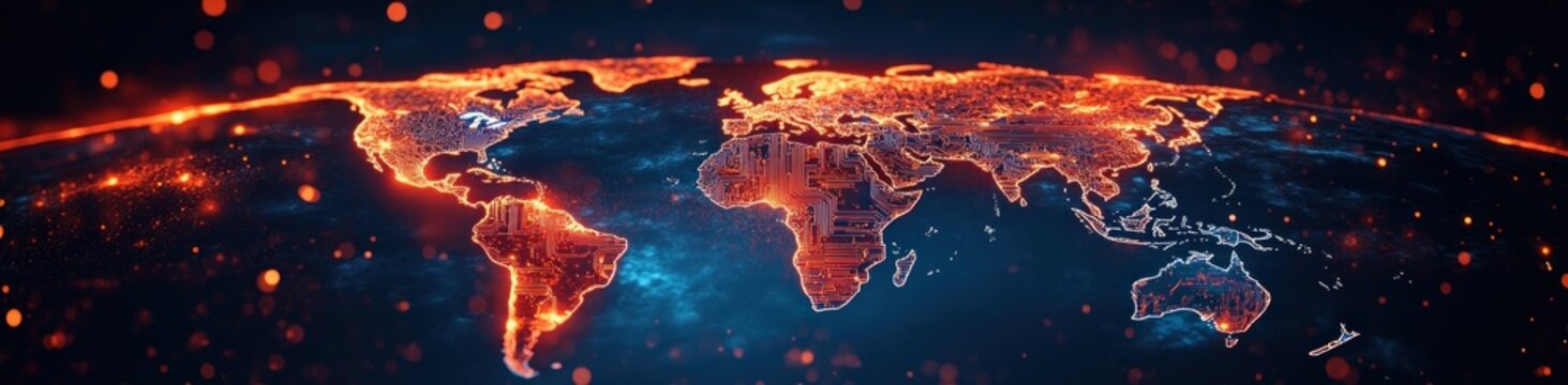 futuristic glowing world map with circuit-pattern continents, orange neon coastlines, dark blue oceans and floating particles conveying global connectivity and intensity