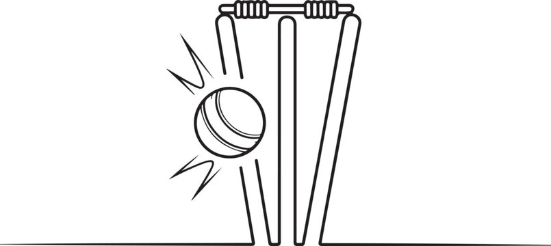 Minimal line art illustration of a cricket ball hitting the stumps, capturing a wicket moment. one line icon drawing vector