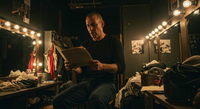 Man reading script in dressing room.