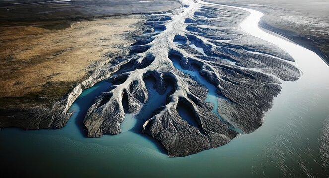 aerial view of a braided river delta with winding turquoise channels, dark sediment islands and textured mudflats, evoking a dramatic and serene remote landscape