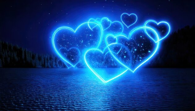Neon blue hearts glowing over water at night, romantic scene.