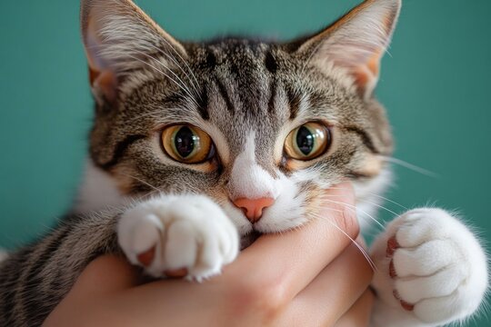 close-up of a tabby kitten with wide curious eyes and a pink nose being gently held by a human hand, showing soft paws and an attentive expression