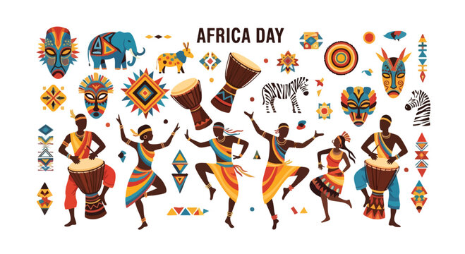 Vibrant African dancers celebrating Africa Day with traditional drums and colorful patterns