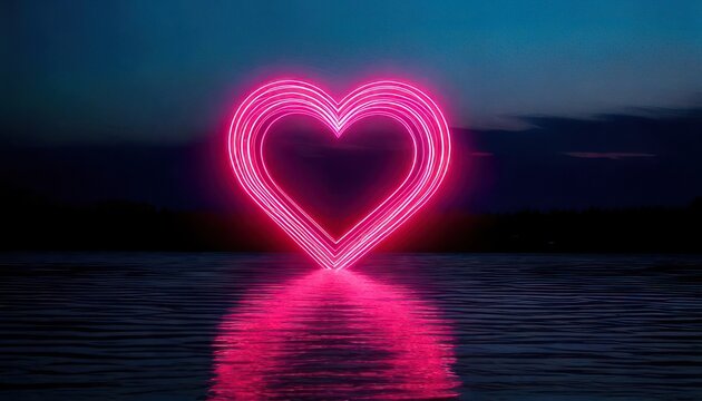 Neon Heart Reflecting on Water - A Symbol of Love and Romance.