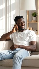 Fototapeta premium A man sits on a couch, smiling while on the phone