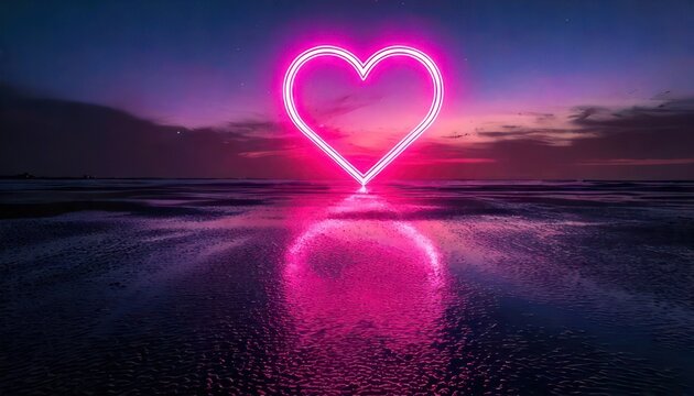 Neon Heart Reflecting on Water at Sunset - A Romantic Scene.