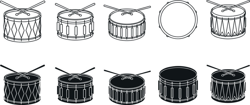 Snare drum vector set with drumsticks percussion instruments outline and silhouette icons isolated on light background for music design