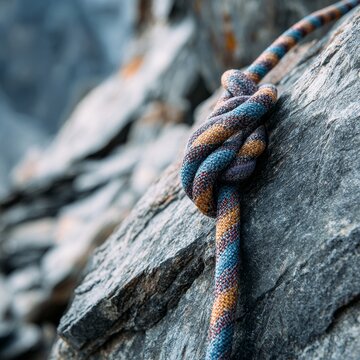 Climbing rope tied in knot secured to grey rock face extreme sports.