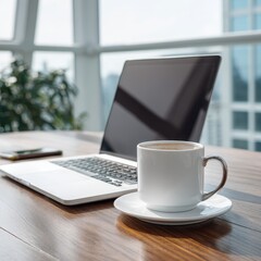 Fototapeta premium Laptop computer and coffee cup on wooden desk with city view.