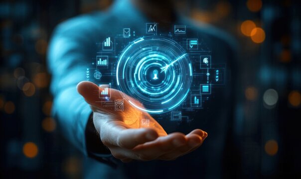 person in a suit holding an outstretched palm presenting a glowing blue holographic circular data interface with analytics icons and a central keyhole amid bokeh lights, evoking control and confidence