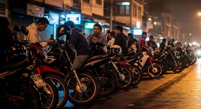 Motorcycles parked night street