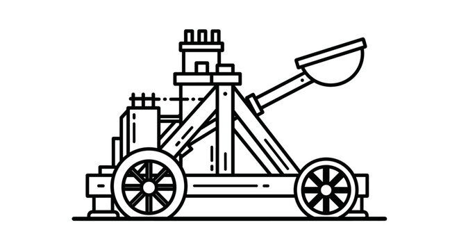 Ancient siege weapon trebuchet catapult illustration on white background vector medieval war machine design historical object cartoon style.